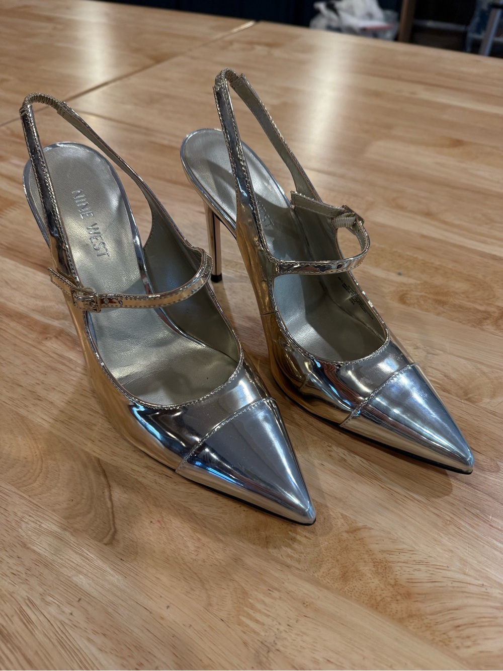 Nine West Metallic Silver Pointed Mary-Jane Slingback Heels